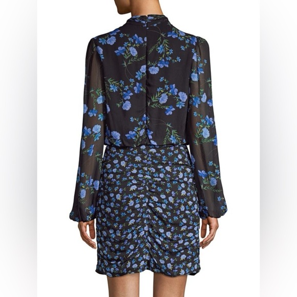 New Shoshanna Kiana Floral Dress Ruched Skirt Mock Neck Long Sleeve Mini 12 Blue - Picture 4 of 16